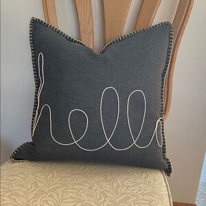 Stylish Blue Accent Pillows with Cream Stitching ‘HELLO’ Set of Two 20”x20”